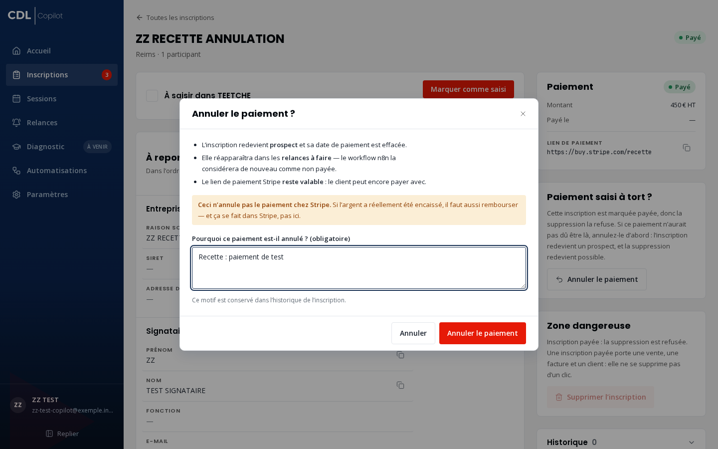 La modale d'annulation